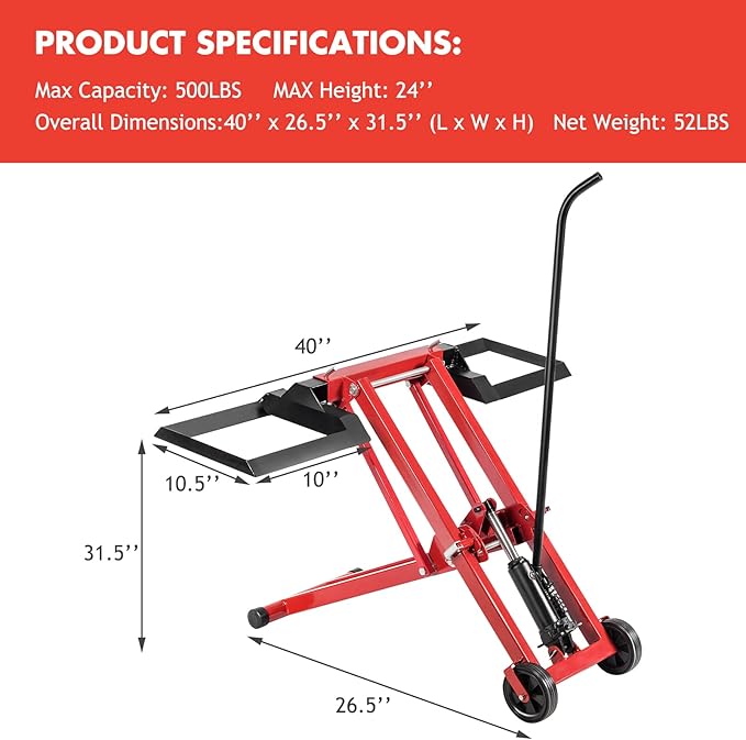 IRONMAX Lawn Mower Lift, 500 LBS Weight Capacity, Zero Turn Mower Hydraulic Jack with Non-Slip Wheels, Adjustable Riding Lawn Tractor Lift for Maintenance and Repair