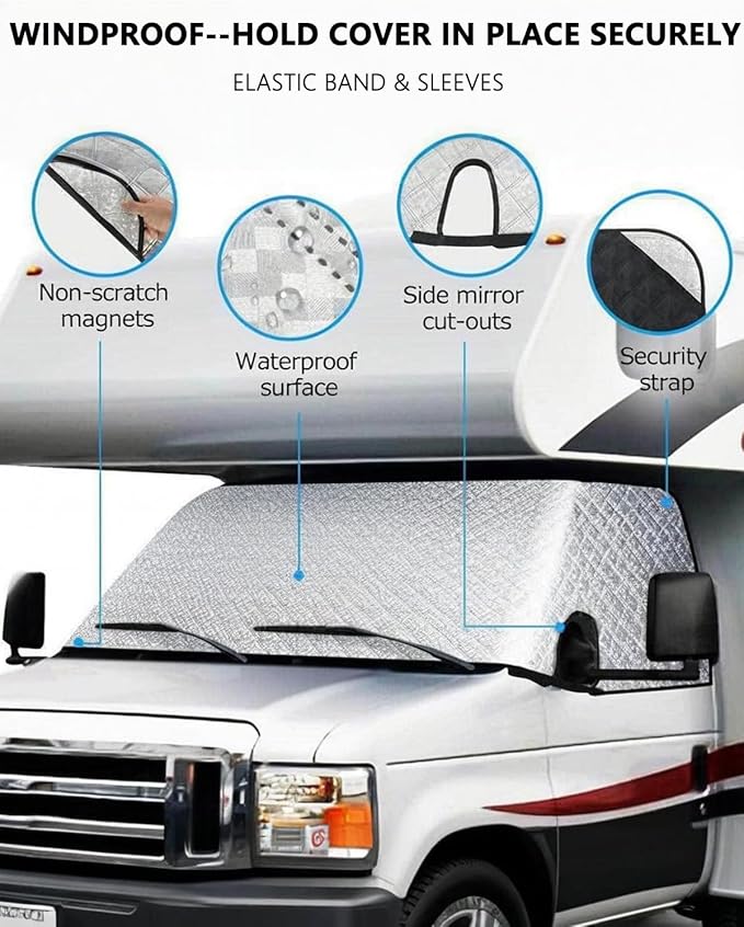 RV Windshield Cover For Class C Ford E450 1997-2025 Motorhome,Windshield Snow Cover For Ice And Snow, RV Front Window Sunshade Cover Block UV Ray Heat RV Accessories [With Snow brush Ice Scrapers]