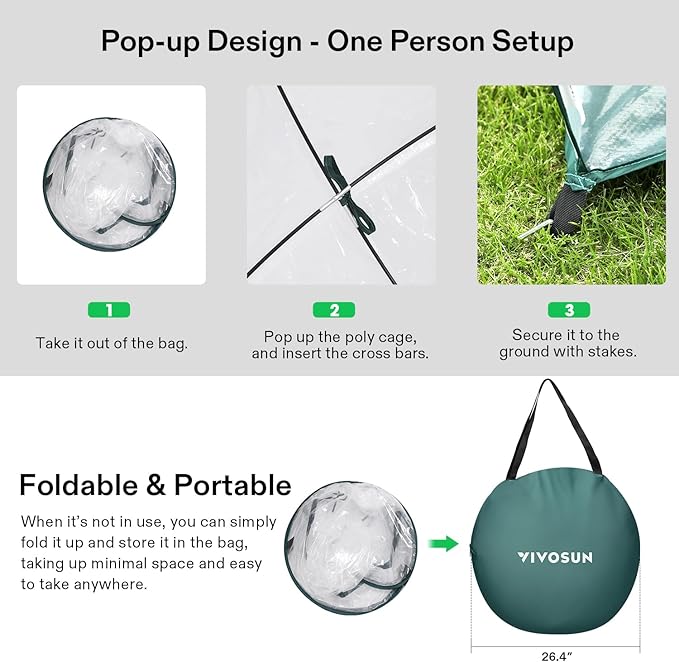 VIVOSUN 39x39x63-Inch Portable Walk-in Greenhouse, with PVC Cover & Detachable Base, Instant Pop-up and Folding, Mini Greenhouse with Roll-Up Door & Mesh Window for Indoor Outdoor, Wind Ropes Included
