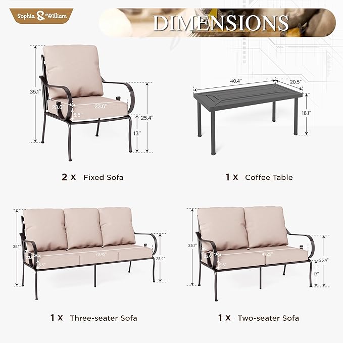 Sophia & William 5 Piece Outdoor Patio Furniture Set, Patio Conversation Sets 7 Seat with 3-seat Sofa x 1, Loveseat x 1, Cushioned Chair x 2, Metal Coffee Table x 1 for Backayrd Lawn, Beige