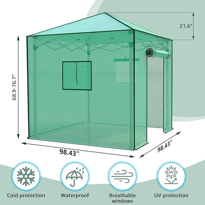 8x8 FT Portable Walk-in Greenhouse with 2 Mesh Roll-Up Windows & Roll-up Zipper Door - Easy Setup for Indoor/Outdoor Gardens, PE Cover, Green