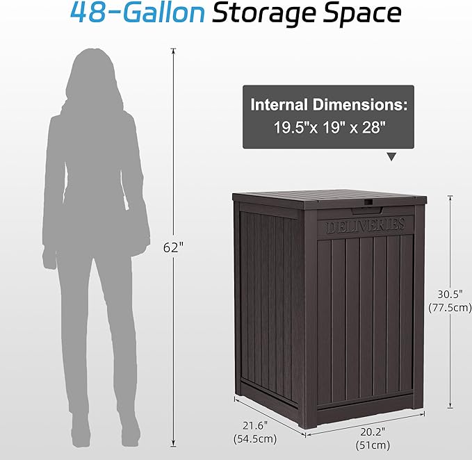 48 Gallon Outdoor Storage Box, Package Delivery Box for Outside with Lockable Secure, Resin Outside Storage Box Waterproof Deck Box for Patio & Pool, Brown