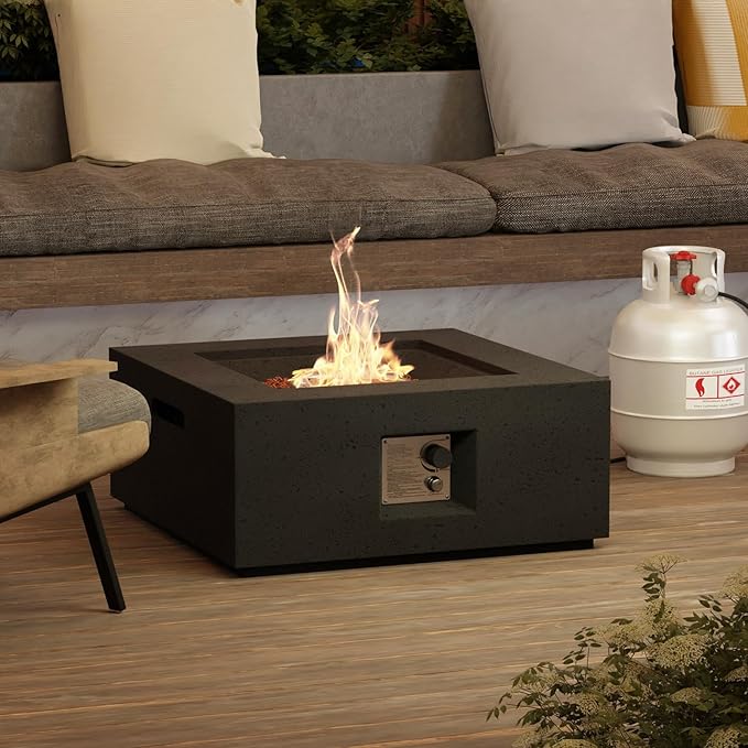 SUNBURY Outdoor Fire Pit, 28" Square Propane Gas Patio Fire Table 40,000 BTU Concrete Travertine Design, CSA Certified, Small Firepit Table with Lava Rocks, Waterproof Cover (Grey)