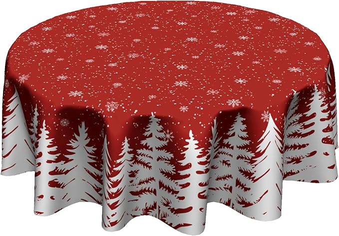 Giwawa Xmas Round Tablecloth 60 Inch, Farmhouse Red White Pine Trees Snowflakes Festive Washable Polyester Table Cover for Picnic Dinner Kitchen Winter Seasonal Holiday Party Decoration
