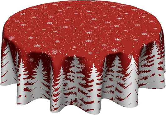 Giwawa Xmas Round Tablecloth 60 Inch, Farmhouse Red White Pine Trees Snowflakes Festive Washable Polyester Table Cover for Picnic Dinner Kitchen Winter Seasonal Holiday Party Decoration