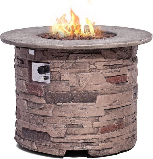 COSIEST Outdoor Propane Concrete Fire Pit Table w Imitation Stone Surface 32-inch Round Fire Table, CSA Certified, 40,000 BTU Stainless Steel Burner, Free Lava Rocks, Fits 20lb Tank Inside