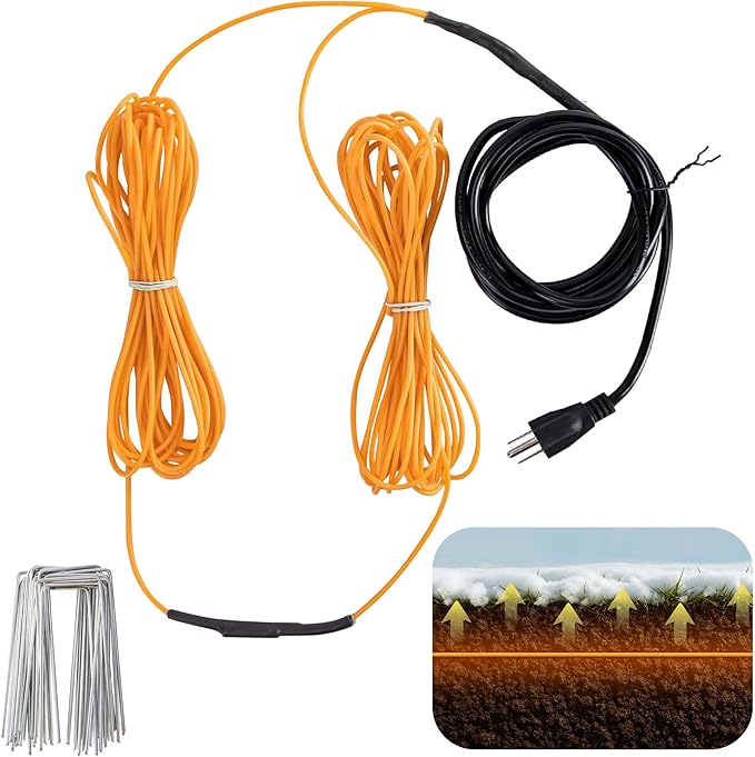 Adnee 59Ft Soil Heating Cable,Rubber Heating Warming Cable with Thermostat and Ground Stakes,Plant Soil Heater Cable for Cold Frame,Graden,Greenhouse Seed Grow