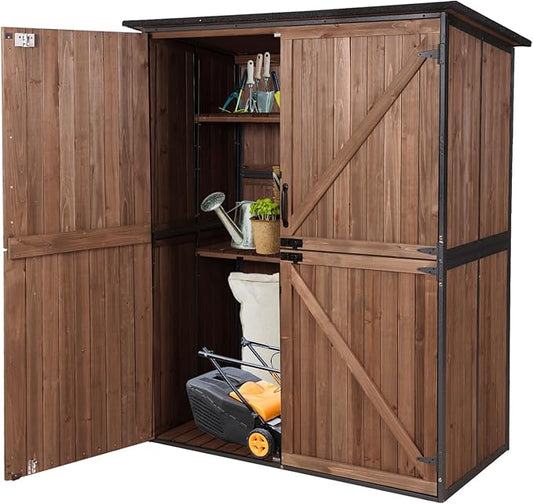 Aivituvin Outdoor Storage Shed with Floor, Garden Tool House with Metal Frame Structure, Large Wooden Cabinet with Adjustable Shelves for Backyard Garden Patio (Dark Brown)