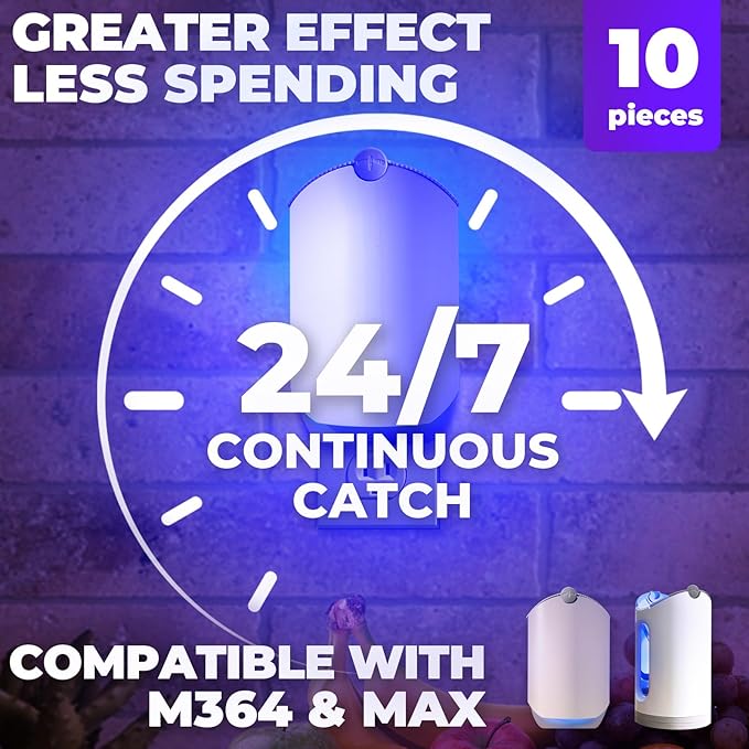 10 Pack Refill Cartridge Kit, Zevo Flying Insect Trap Refills, Replacement Refill Compatible with ZEVO Plug-in Light M364 and Max, 2025 Upgraded High-Stick, 100% Fit & Easy Replace