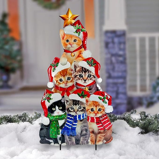 Metal Cats Christmas Tree Yard Sign,Cat Decorations Outdoor,Christmas Lawn Sign,Pet Theme Holiday Decor for Garden,Patio,and Pathway