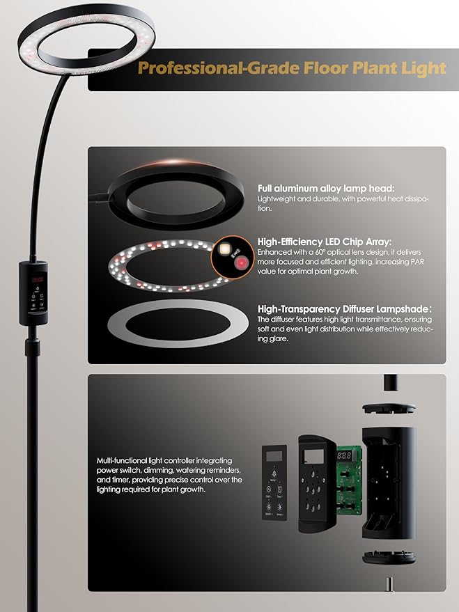 Smart Grow Lights for Indoor Plants,24W Plant Light with Auto-Timer,Full Spectrum LED Grow Light, Adjustable Height & Stepless Dimming,Plant Assistant Suitable for Most Plants (Black, 24W)