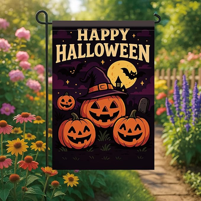 Happy Halloween Garden Flag Pumpkin Witch Hat Bats 12x18 Inch Double Sided Outdoor Yard Banner for Trick or Treat Haunted House Halloween Decoration Decor
