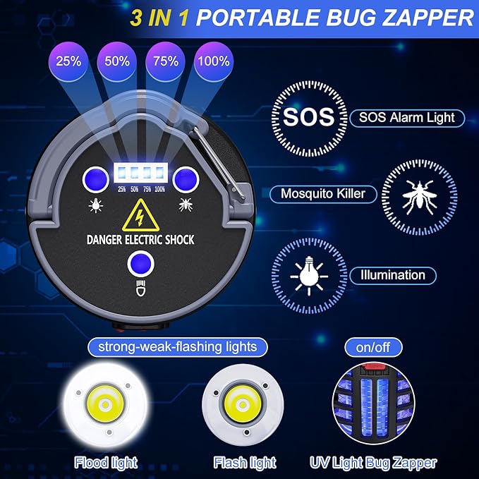 3 in 1 Indoor Bug Outdoor Mosquito Zappers, USB Rechargeable Mosquito Killer Portable Waterproof, LED Lantern Fly Zappers Camp Light SOS Emergency Light for Home, Backyard, Camping Patio (2 Pack)