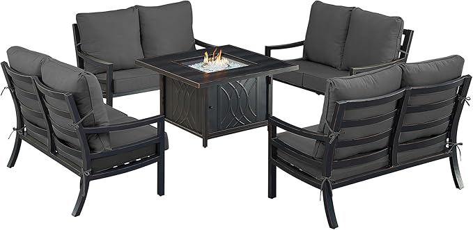 Oakland Living Black Aluminum Patio Fire Table Set with Four Deep Seating Loveseat with Cushions with Black Cushions