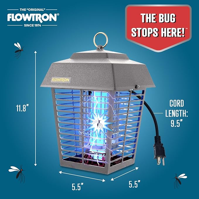 Flowtron Electric Bug Zapper 1/2 Acre Outdoor Insect Control with Dual Lure Method, 15W UV Light & Octenol Attractant for Fly & Mosquito, 5600V Kill Grid, Made in USA, UL Certified - Grey Color