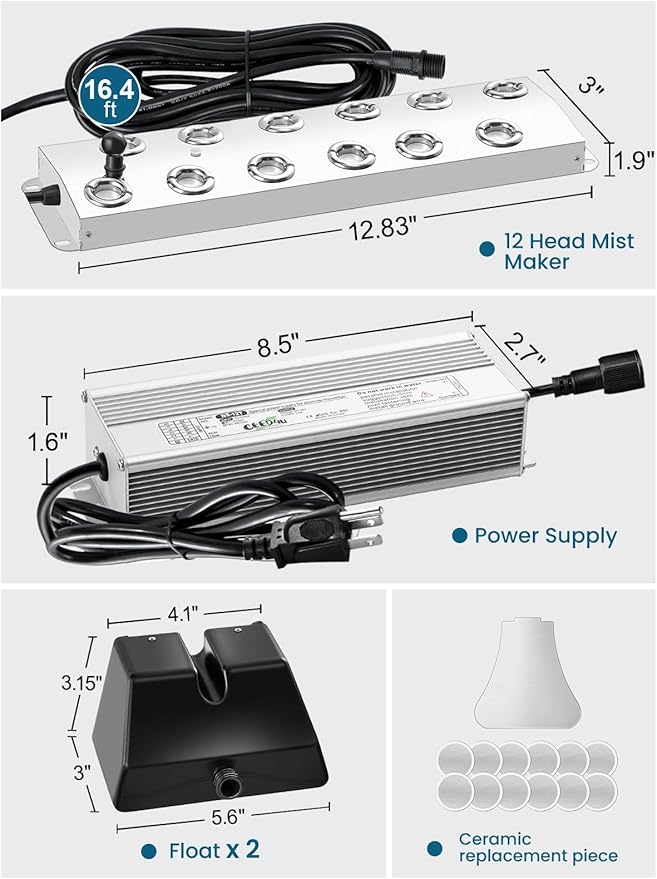 YORKING Ultrasonic Fogger, 12-Head Ultrasonic Mist Maker, 9000ml/H 400W Mist Maker Fogger with Buoy, IP67 Waterproof Power Supply for Pond, Garden, Lawn, Rockery, Greenhouse, Halloween Decoration