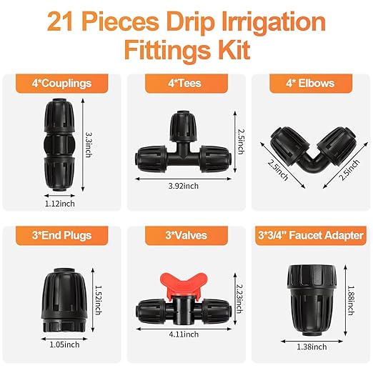 21 Pieces1/2 Inch Drip Irrigation Fittings Kit, 1/2'' Drip Line Barbed Locked Connectors for 1/2 Inch Irrigation Tubing (1/2" ID x 0.640" OD) Coupling Tee Elbow Plug Valve Faucet Adapter