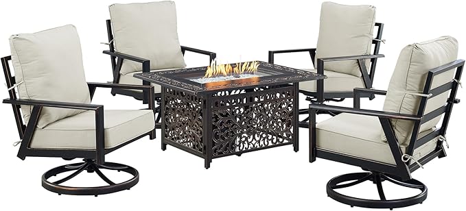 Oakland Living Black Aluminum Patio Fire Table Set with Four Club Chairs with Light Grey Cushions