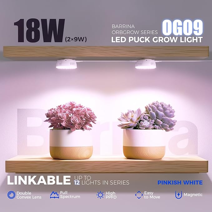 Barrina Orbgrow OG09 Puck Grow Light with Timer, Pinkish White 18W(2 x 9W, 270 Watt Equiv), Full Spectrum Plant Light for Indoor Plants, Magnetic & Linkable, 5 Levels Dimmable for Plant Shelf, 2 Packs