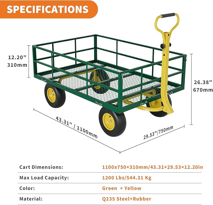 3-in-1 Heavy-Duty Steel Garden Cart, 1200 Lbs Garden Wagon, with 13 Inch All-Terrain Tires and Removable Mesh Side Panels, 180° Rotating Handle, Metal Utility Yard Trailer, Outdoor Gardens Wagon Cart