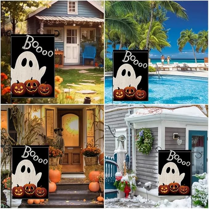 Halloween Garden Flag 12x18 Inch Double Sided, Boo Ghost Pumpkin Yard flag, Spooky Outdoor Halloween Party Decoration for Porch, Patio, Lawn, Garden, Indoor & Outdoor Décor