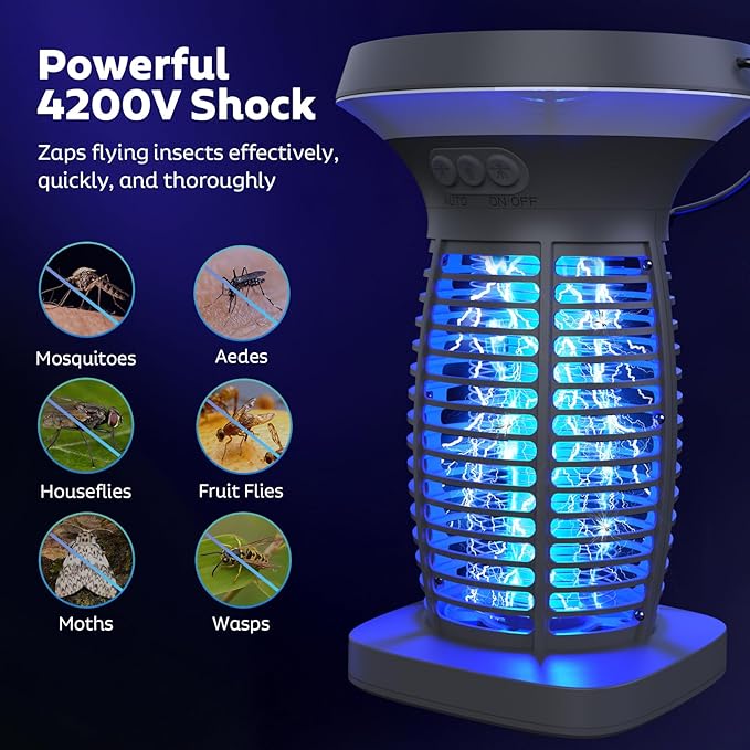 Solar Bug Zapper Outdoor, Mosquito Zapper Outdoor Waterproof Electric Fly Zapper Rechargeable Mosquito Killer with Solar Panel, 4200V Fly Trap Indoor for Home Backyard, Patio, Garden, Camping