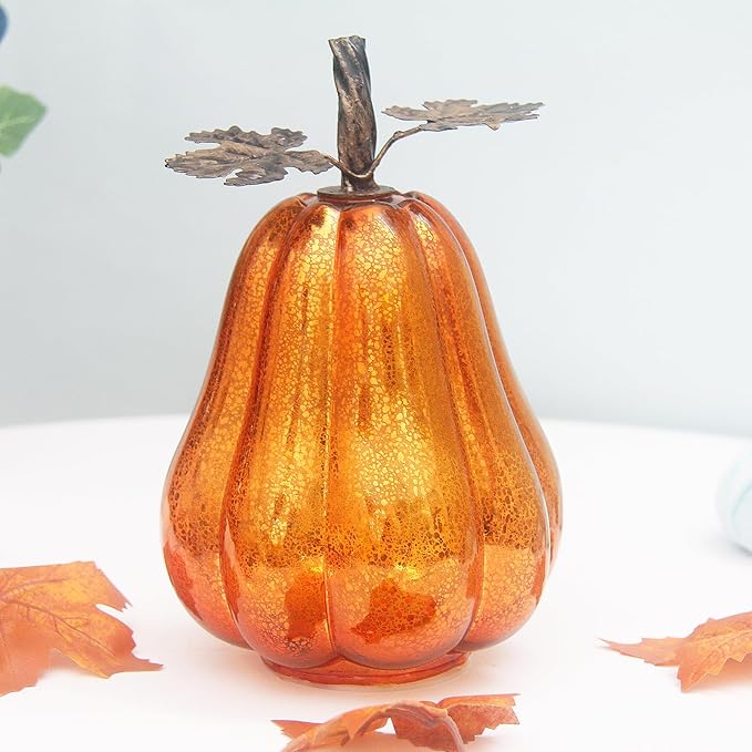 Mercury Glass Pumpkin Lights with Timer, Battery Operated Led Pumpkin Lights for Halloween Fall,Thanksgiving Rustic Decor (Gold Leafy, 9")