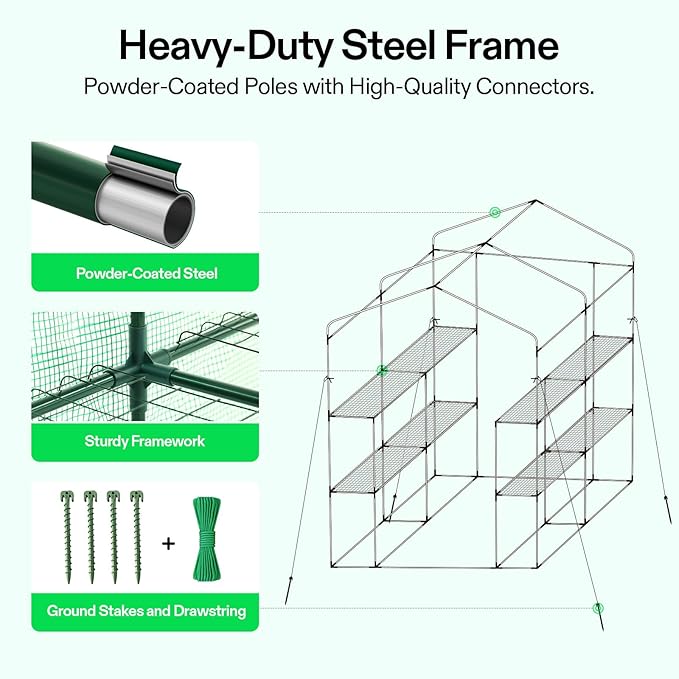 VIVOSUN 57x57x77 Inch Mini Walk in Green House with Window and Anchor, Plant Garden Hot House 2 Tiers 8 Shelves, 4.7 x 4.7 x 6.4 FT