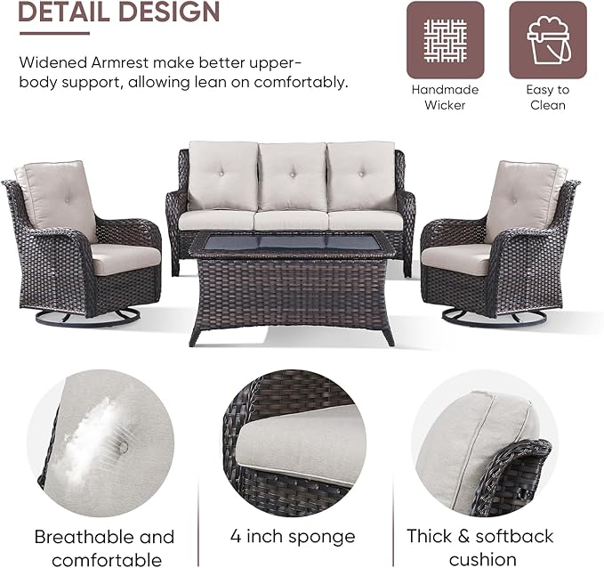 4 Piece Patio Furniture-All-Weather PE Wicker Outdoor Patio Furniture with Swivel Rocker Chairs,Outdoor Couch, Set with Coffee Table-Brown/Beige