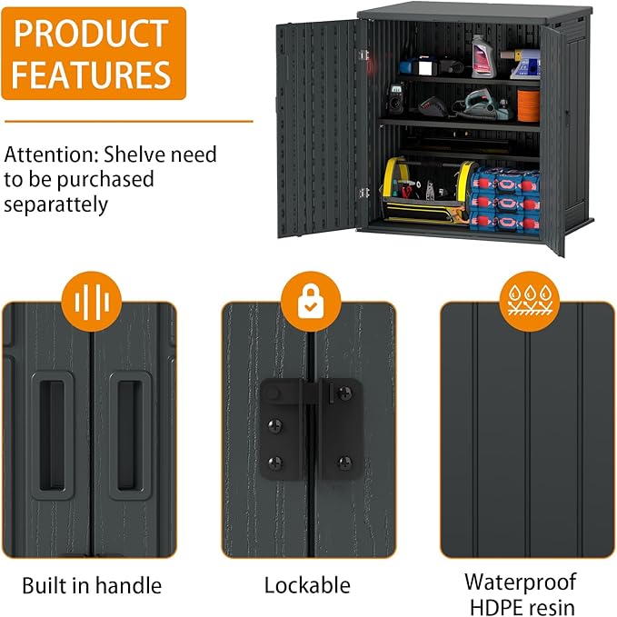Outdoor Storage Cabinet with 2 Shelves, Waterproof Resin Horizontal Tool Shed, Lockable 15 cuft. Storage Shed for Patio, Garden, Yard, Grey