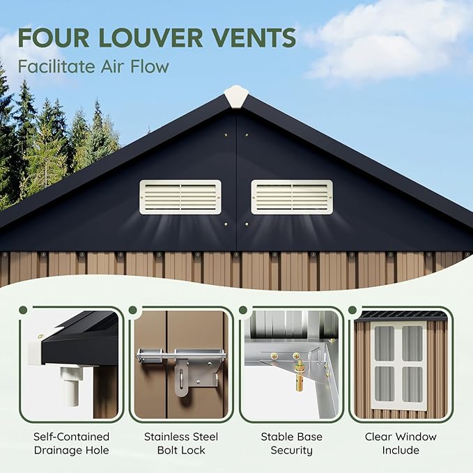 8x6 FT Outdoor Metal Storage Shed with Floor Frame, Double Doors, 1 Clear Window, Tool Shed for Garden, Patio, Backyard Brown