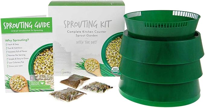 Handy Pantry Complete Sprouts Growing Kit | Sprouting Kit with 3 Stackable Sprouting Trays | Seed Sprouter, BPA-Free | Includes Organic Sprouting Seeds & Instructions