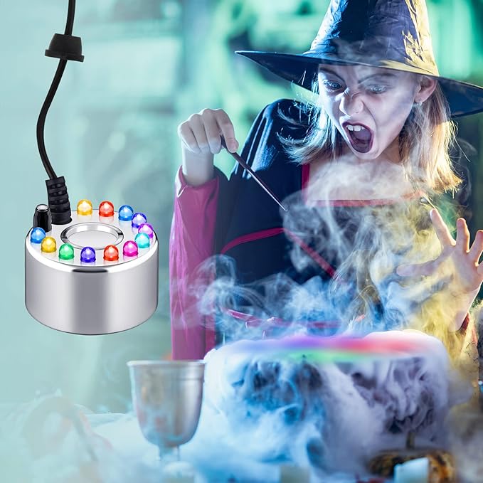 Yaomiao 1 Piece Halloween Mist Maker Fogger Small Ultrasonic Fog Machine Fountain Mister Fogger Water Garden Pond Foggers Air Humidifier with 12 LED Light Flashes for Halloween (Silver)