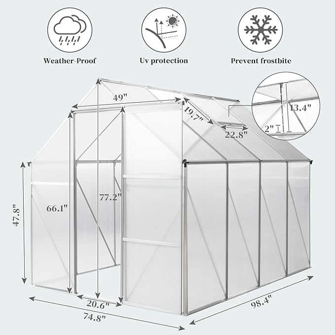 Greenhouse for Outdoors, 6x8 FT Heavy Duty Polycarbonate Greenhouse with 5 Roof Vents, Aluminum Large Walk-in Greenhouse for Outside Garden Backyard, Easy Setup, Silver