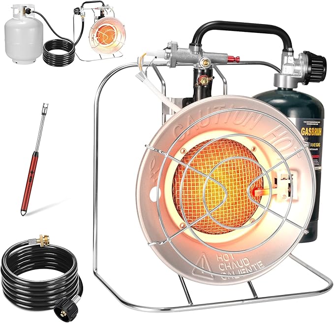 Outdoor Multi-Use Portable Propane Patio Heater/Cooker, 18,000 BTU include 8.8 FT Hose and USB Lighter, Gas Camping Heater for Tent Hunting, Fishing,RV (Fuel not included)