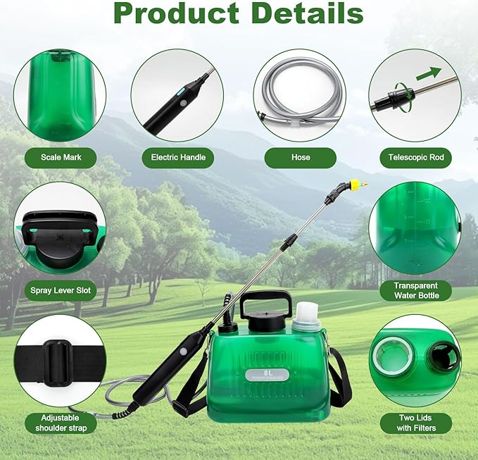 Battery Powered Garden Sprayer 2 Gallon, Upgrade Powerful Electric Sprayers with 3 Mist Nozzles, Retractable Wand, Garden Sprayers with Adjustable Shoulder Strap for Lawn,Cleaning