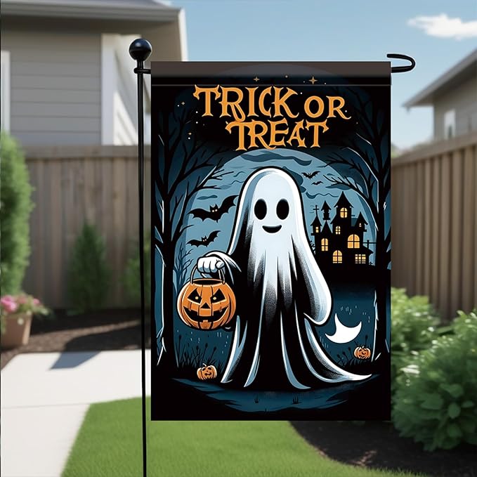 12x18 Inch Halloween Ghost Garden Flag Trick or Treat Ghost Yard Banner Pumpkin Lantern Outdoor Decoration Double Sided Seasonal Holiday Welcome Sign for Patio Lawn Home Party Fall Theme