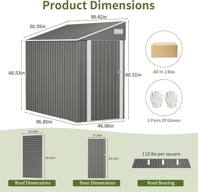 4x8 Lean to Metal Shed - Grey, Heavy-Duty Outdoor Storage for Bikes, Tools, Lawn Mowers & Firewood, Rust-Resistant Wall Side Design Sheds with Lockable Door, Waterproof Coating & Sloped Roof