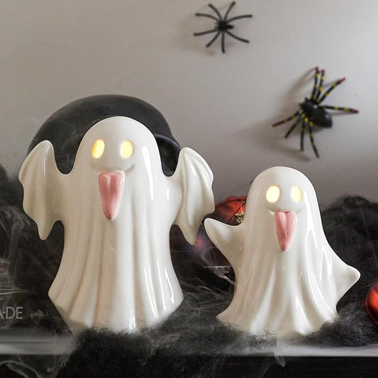 WDS WONDROUS Halloween Decor Ghost Figurines Light Up – White Set of 2 Ghost Figurines with Pink Tongue –Cute Halloween Ceramic Ghost Statues Decorations for Table Indoor(5.51x6.29”and 4.72x5.11”)