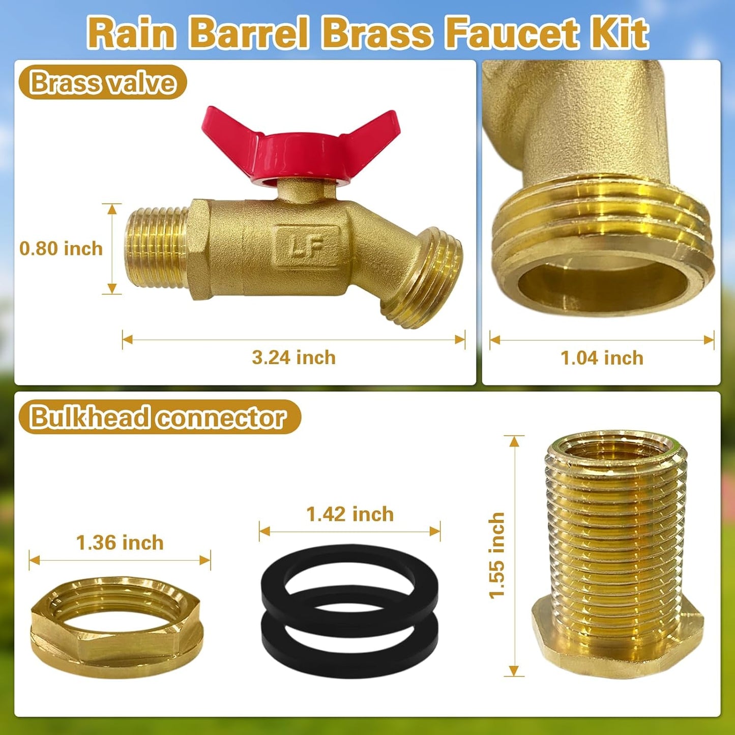 Rain Barrel Spigot Kit 3/4" GHT Lead-Free Compliant Brass Garden Hose Valve+Brass Garden Hose Bulkhead Fitting for Rain Barrels Aquariums Water Tanks Tubs Pools Spigot