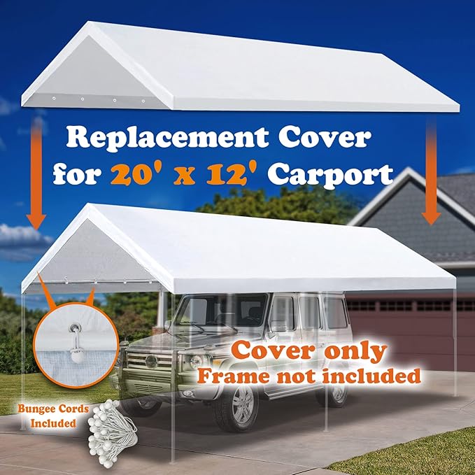 Strong Camel 10'x20' Carport Replacement Canopy Cover for Tent Top Garage Shelter Cover with Ball Bungees (Only Cover, Frame is not Includ (White, 12 x 20')