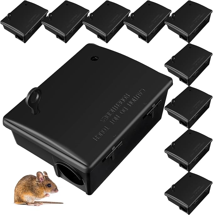 Qualirey Rat Bait Stations Large Rodent with Key Reusable Mouse Stations Mice Blocks Heavy Duty Boxes for Outdoor Rodents Mice Blocks, Bait Not Included, Black(10 Pack,9.8 x 7.5 x 3.9 Inches)