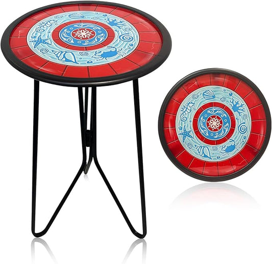 LIFFY Outdoor Side Tables, 12" Coffee Table Small Patio Table, Indoor Small Round Home Decorative End Table, Plant Stands Table Outside, for Yard Balcony Garden Bedside Pool Beach（Metal & Glass,Red）