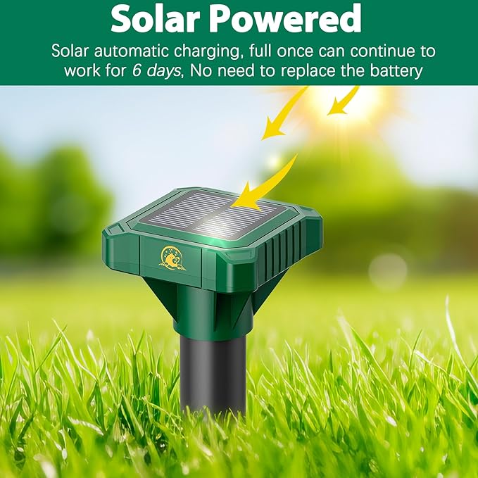 4 Pack Mole Repellent Solar Powered, IP65 Waterproof Gopher Chipmunk Repeller Outdoor, Groundhog Snake Repellent for Yard, Sonic Mole and Vole Deterrent Spikes, Effective Lawn and Garden Protection