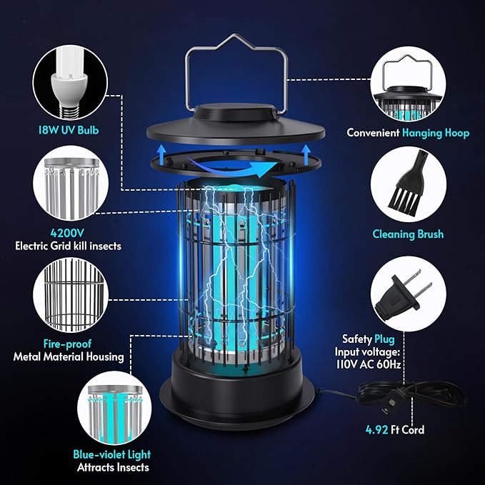 Bug Zapper Indoor Outdoor - Mosquito Zapper 4200V 18W Fly Zapper Insect Fly Wasp Gnat Traps Killer for Home Patio Camping, Plug-in with 4.92 Ft Cord