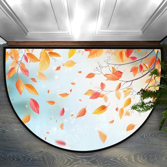 cfpolar Non-Slip Soft Half Round Door Mat, Maple Leaf Maple Tree Autumn Semicircle Mat for Indoor Entrance Garage Bath Living Room Patio 24 x 36 in