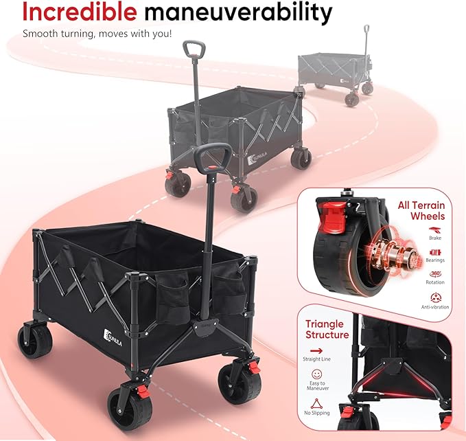 Collapsible Wagon Cart with 440lbs Weight Capacity, Heavy Duty Foldable Wagon with Big All-Terrain Wheels & Drink Holders, Utility Carts for Camping, Garden, Outdoor, Grocery, Sports. Black