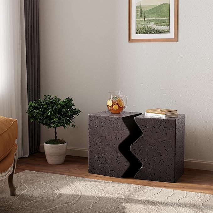 COSIEST Concrete Side Table, Set of 2 Rectangular Outdoor Side Tables, Decorative Garden Stools for Indoor Outdoor, Accent Table Patio Side Table End Table w Spotted, Brown