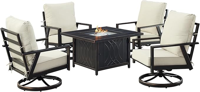 Oakland Living Black Aluminum Patio Fire Table Set with Four Club Chairs with Light Grey Cushions