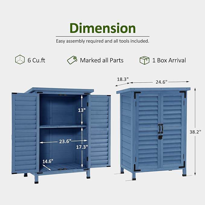 MCombo Outdoor Storage Cabinet, Small Storage Shed with Removable Shelf, Wood Garden Shed with 2 Doors for Yard Patio Lawn (24.6 x 18.3 x 38.2 inch) 0985 (Blue)